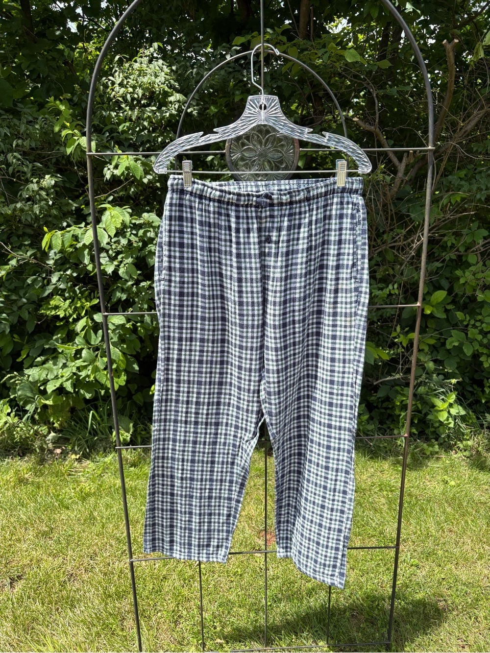 Men's Plaid Lounge Pants Blue Green White 100% Cotton Medium Sleepwear Soft